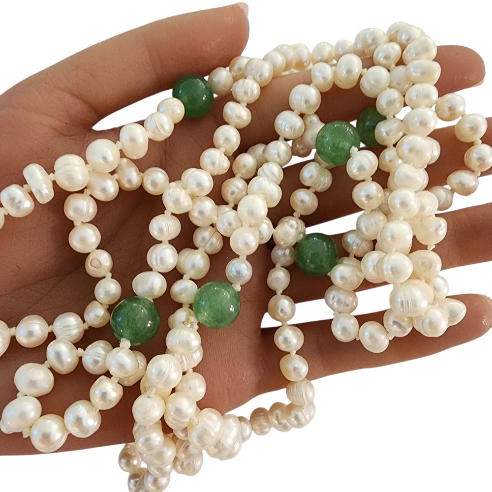Extra long pearl necklace with green apple quartz hand knotted pearls L511 -Q5